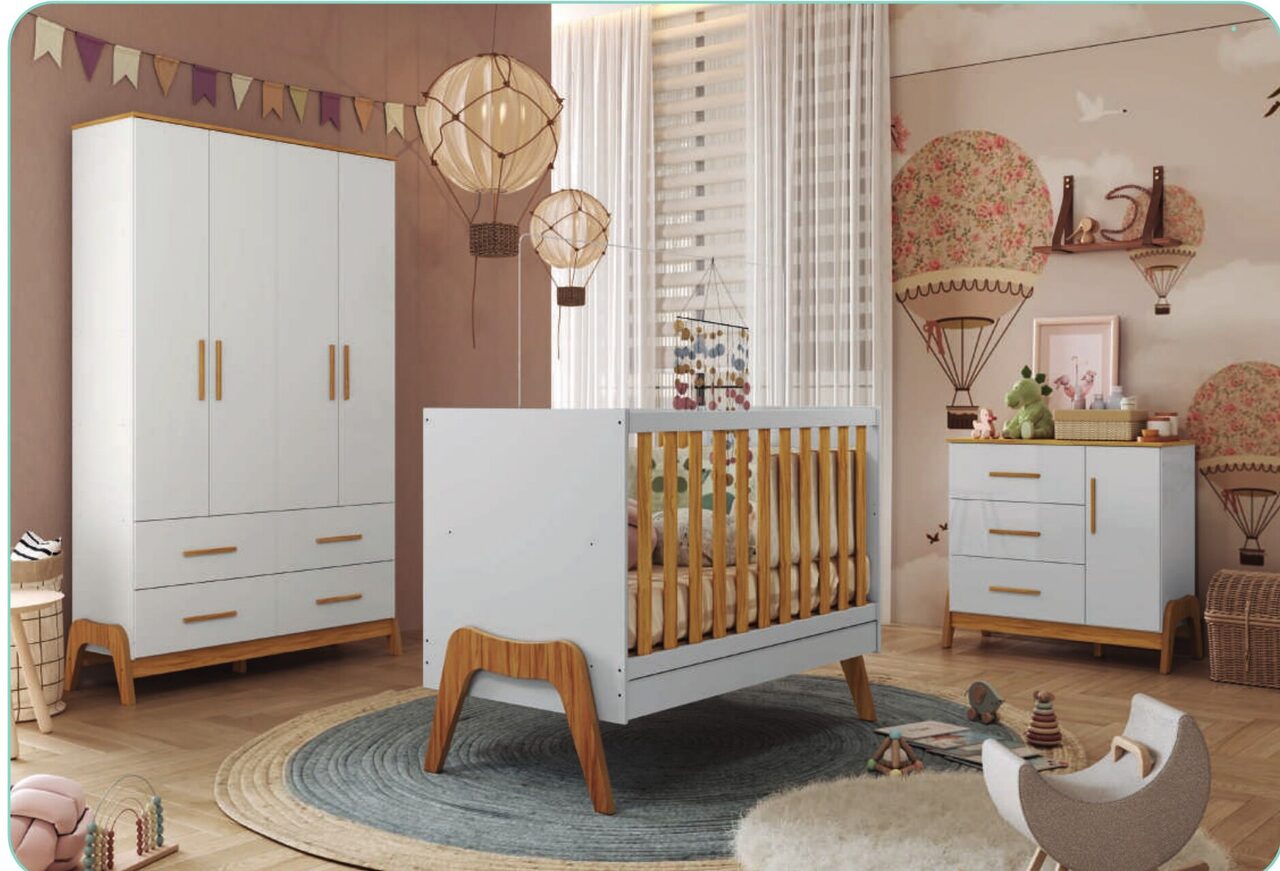 Quarto de bebê montado com berço, cômoda e guarda-roupa da linha Guti — Peroba